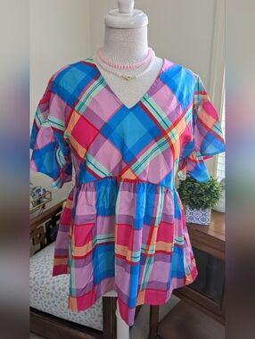 Colorful Plaid V-Neck Babydoll Top
